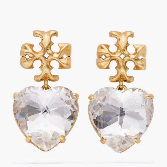 Tory Burch Kira Crystal faceted heart drops hanging from TB logo studs - Picture 1 of 10